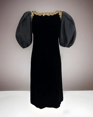 Vintage FRANK MASANDREA Velvet Dress Sz S Black Gold Accents Puff Sleeve Evening - Image 1 of 4