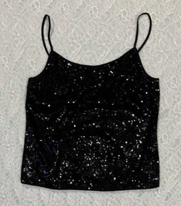 Woman’s DKNY Sz S Adjustable Strap Black Sequined Cami Top Witchy Whimsigoth - Picture 1 of 5