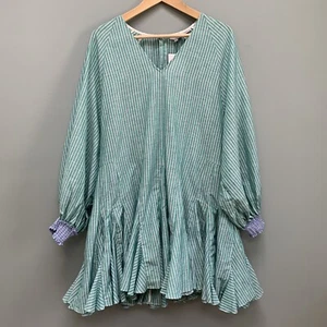 RHODE Olivia Striped Puff-Sleeve Linen Dress in Green Medium - Picture 1 of 9