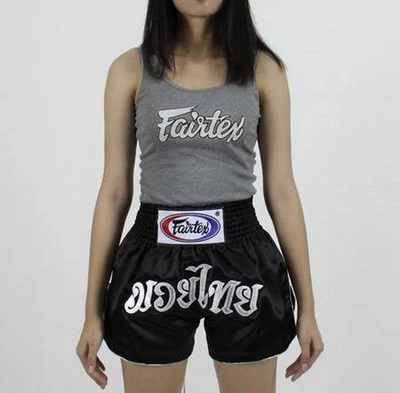 FAIRTEX MUAY THAI KICK BOXING  SATIN SHORTS BLACK BS205 THAI FONT WOMEN CUT MMA - Image 1 of 3