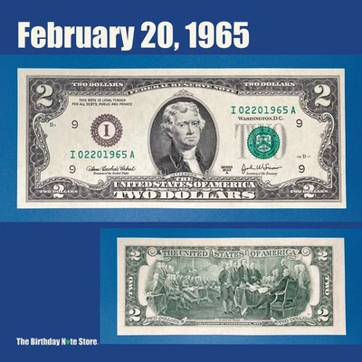 February 20, 1965 Birthday Anniversary $2 Two Dollar Bill Serial Number 02201965 - Image 1 of 2