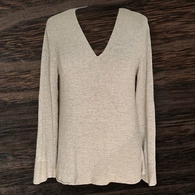 TravelSmith 米色 V 领束腰毛衣 M 码棉混纺侧开衩独特针织 — 第 1/4 张图片