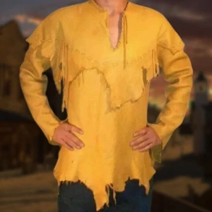 Men Western Buffalo Leather Jacket Native American Fringe Style Coat Old Rugged - Picture 1 of 2