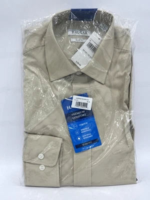 Camisa de vestir Haggar Premium cómoda calce ajustado para hombre caqui lisa 14-14,5 32-33 nueva con etiquetas Foto 1 de 4