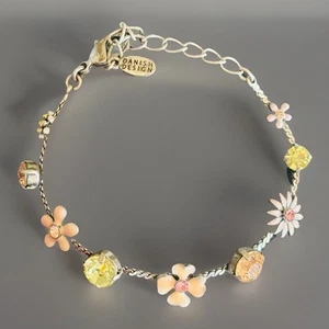 Pilgrim Bracelet Danish Design Pink White Enamel Flowers Yellow Crystals Silver - Picture 1 of 7