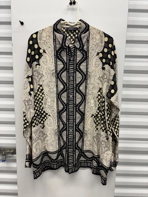 NUEVO CON ETIQUETAS Camisa Neiman Marcus Estampado Barroco Seda Negra Crema Timney-Fowler Grande Foto 1 de 4