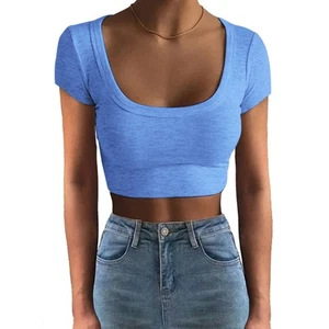 Short Sleeve Crewneck Top Women Fashionable Elegant Slim Fit Pure Color Rib Knit - Picture 1 of 6