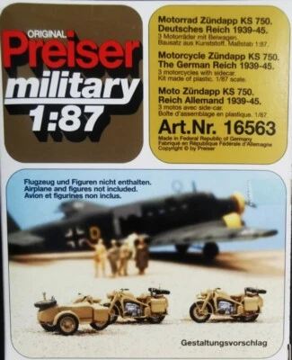 PREISER 16563 Conf. Kit con 3 moto militari ZUNDAPP KS 750 con sidecar scala H0 - Immagine 1 di 4