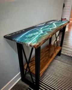 Ocean Epoxy Resin Counter Live Edge, Console End Table Top, Living Room End Deco - Picture 1 of 8