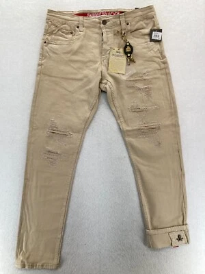 Smugglers Moon Jeans Mens 38x33 Khaki Beige Denim Button Fly Roll Up Distressed - Image 1 of 4