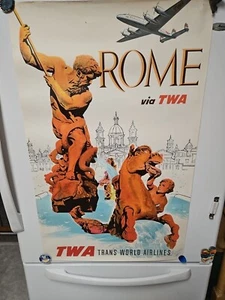 VINTAGE 1950er ORIGINAL TWA ROME TRANS WORLD AIRLINES DAVID KLEIN LITHO POSTER  - Bild 1 von 24
