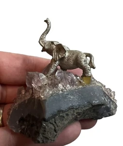 Vintage Pewter Elephant Figurine Mounted Amethyst Crystal Geode Paperweight - Picture 1 of 9