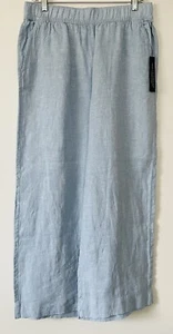 NWT TAHARI HIGH RISE ELASTIC WAIST WIDE LEG LINEN PANTS POCKETS LT BLUE SIZE L - Picture 1 of 6