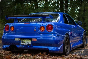Nissan GTR, azul, en el bosque, horizonte, póster limpio - Imagen 1 de 1