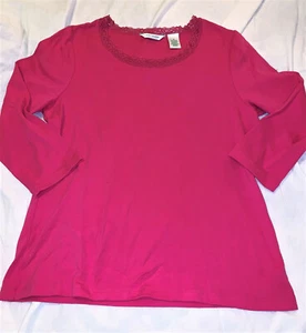 LAURA ASHLEY MED PRETTY PINK 3/4 SL KNIT TOP SHIRT LACE TRIM SOFT COTTON BLEND - Picture 1 of 5