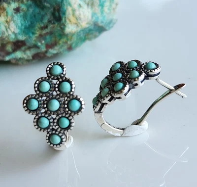 Pendientes de aro con cerradura inglesa racimo turquesa natural maciza 925 de 3/4"" Foto 1 de 4