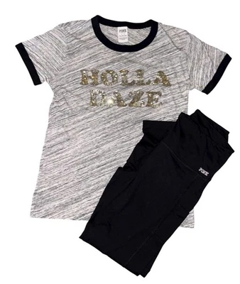 VS PINK Conjunto Mediano Victoria’s Secret Bling Camiseta Leggings Gris Logo de Vacaciones Foto 1 de 4