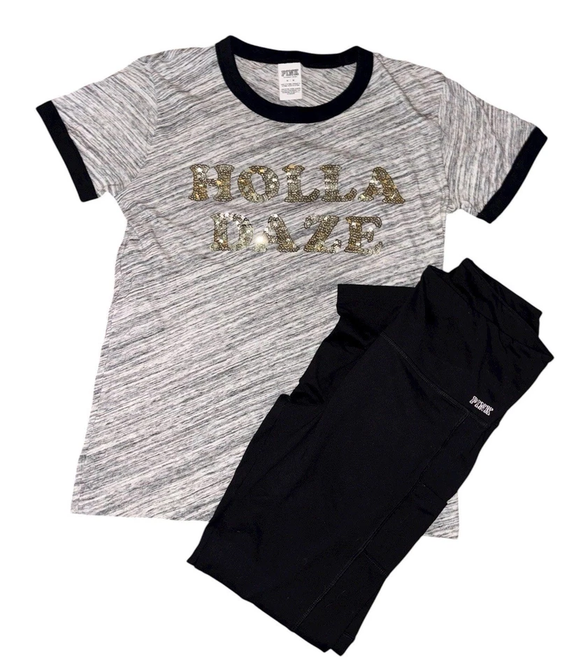 VS PINK Outfit Medium Victoria’s Secret Bling Tee Leggings Gray Holiday Logo - Image 1 of 4