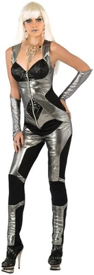 Mujer Disfraz Futurista Mono Plateado Negro Mediano Grande Ciencia Ficción Espacio Conjunto Foto 1 de 2