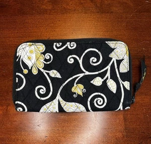 Vera Bradley Zip Around Wallet Yellow Bird Black Credit Card Quilted - Picture 1 of 6