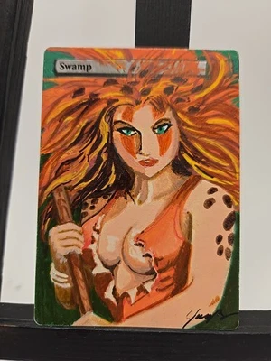 Magic MTG Swamp – Hand-Painted Alter, Anime Portrait, Signed, OOAK by BAZAYO - Image 1 of 3