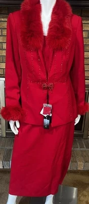 Milano Red Jeweled 3 Piece Skirt Suit Detachable Fur Trim NWT Size 12 - Image 1 of 4