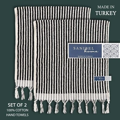 2 New SANIBEL Home Cotton Hand Towel Bone Black Striped Knotted Fringed Turkey - Image 1 of 4