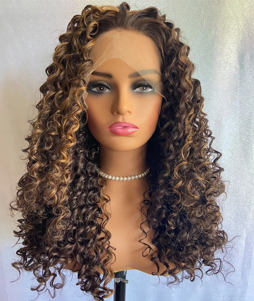 Pelucas delanteras de encaje completo mezcla cabello humano largas rizadas resaltar rubio calor OK 6/27 Foto 1 de 4