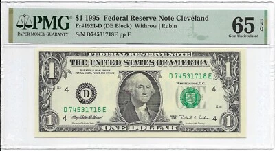 1995 $1 CLEVELAND FRN. PMG GEM Uncirculated 65 EPQ Banknote. D/E Block. DC Print - Image 1 of 2