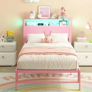 Twin Bed Frame w/ LED Light Charger Station 2 Tiers Storage Shelves Headboard US - Picture 1 of 7