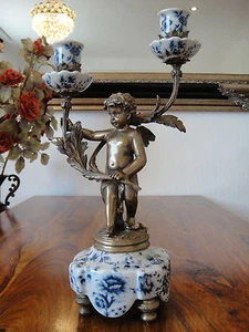 Kerzenleuchter Engel Porzellan Bronze Kandelaber Putte Kerzenständer Antik Edel - Picture 1 of 7