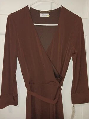 NWT- Yr 2006-10 CALVIN KLEIN Chocolate Faux Wrap Dress,  Sz 4 - Image 1 of 4
