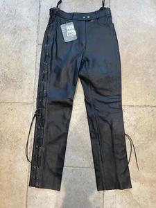 Black Leather Motorcycle Trousers Bikers Side Laced Motorbike Jeans Ladies UK 14 - Picture 1 of 8