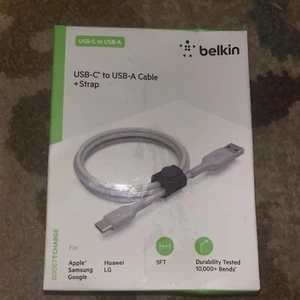 Belkin Boost Charge USB-C to USB-A Cable + Strap - Gray Durable And 5 Ft Long - Photo 1 sur 2