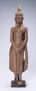 Antik Khmer Stil Holz Stehend Nachdenklich Sonntag Buddha Statue - 98cm/99.1cm - Foto 1 di 8