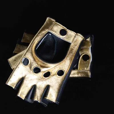 Guantes cortos de medio dedo sin dedos dorados plateados de cuero real sin forro para hombre Foto 1 de 4