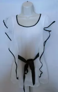 IZbyer Women's XS White w Black Trim Ruffle Sleeveless Career Blouse - Picture 1 of 6