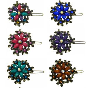 Pair of Small Medallion Barrettes Snap Hair Clips Sparkly Stones LPW86250-1-pr - Picture 1 of 7