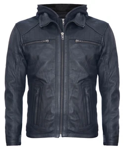 Infinity New Men's Black 100% Nappa Leather Hooded Bomber Jacket - Picture 1 of 6