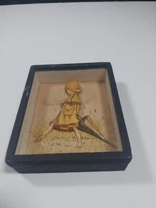 Vintage 3D Paper Cut Out Picture Holly Hobbie Girl Yellow Raincoat Hat Shadowbox - Picture 1 of 9