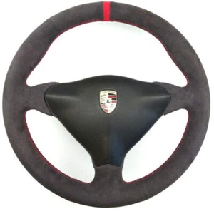 Black Suede Leather Steering Red Strip&Stitch Wheel Wrap Cover For Porsche 911 - Picture 1 of 12