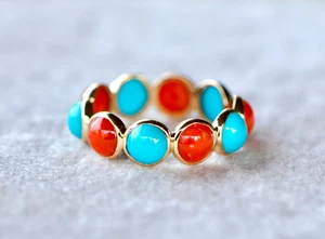 Turquoise & Coral Eternity Ring 18kt Gold - Picture 1 of 8