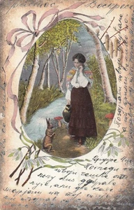 Easter-style girl & rabbit vintage postcard – to Leskovac, Serbia 1904 - Picture 1 of 2