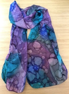 HAND WOVEN SILK SCARF Rolled Hem * SAKS India 64" purple blue teal watercolor - Picture 1 of 3