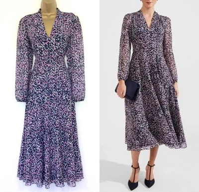 Hobbs Occasion Midi Dress UK 14 Immaculate Aurora Blue Pink White Chiffon Lined - Image 1 of 4
