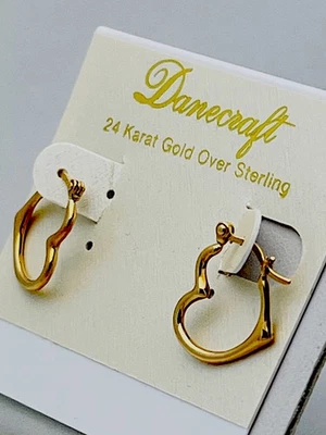 DaneCraft 24KT Gold Over 925 Sterling Silver Heart Hoop Pierced Earrings - Image 1 of 4