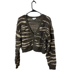 Stitch & Pine braun taupe flauschiger Zebra Print Strick Cropped Cardigan Pullover Gr. L - Bild 1 von 5