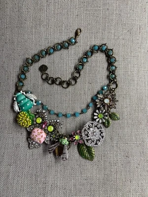 Rhinestone Owl Bee and Flower Necklace, modified Betsey Johnson piece, EC - Image 1 of 4