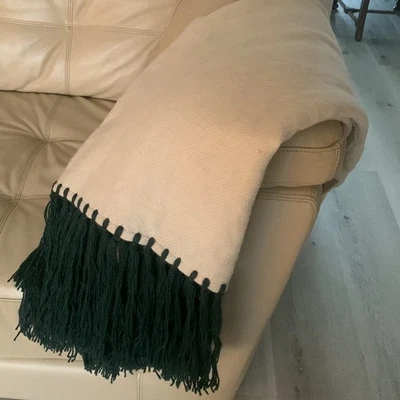Warmi бросить одеяло кремовый зеленый лама шерсти хлопок смесь богемный - Изображение 1 из 4