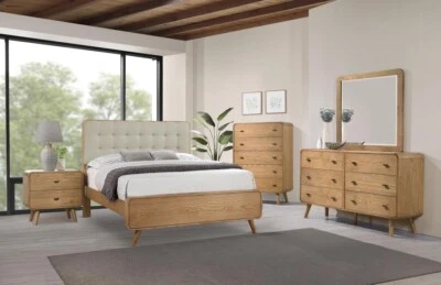 MUEBLE TOCADOR CAMA KING ACOLCHADO TELA BEIGE ACABADO CENIZA MOD MEDIADOS DE SIGLO 4 PIEZAS Foto 1 de 4